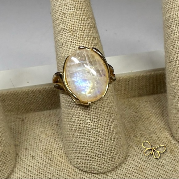 Vintage Jewelry - Gold Vermeil 925 Moonstone Ring | Rainbow Flash Statement Ring Size 7